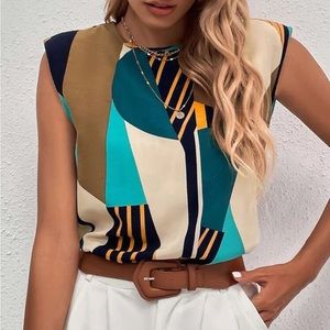 Shein Patchwork Print Shoulder Padded Top with Keyhole at back